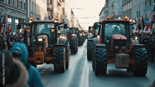 Farmers' strike on tractors in the city center. Rally, demonstration and manifestation expression of discontent, peaceful marches