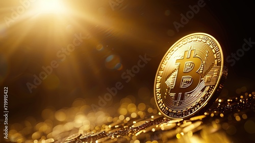 Golden Bitcoin on a golden background in a ray of sun, unstable cryptocurrency market and economic uncertainty in the world. Rise and fall of bitcoin photo