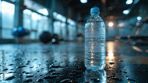 Close shot of a water bottle kept in a clean wet surface in warehouse with a big copy space, Generative AI. photo