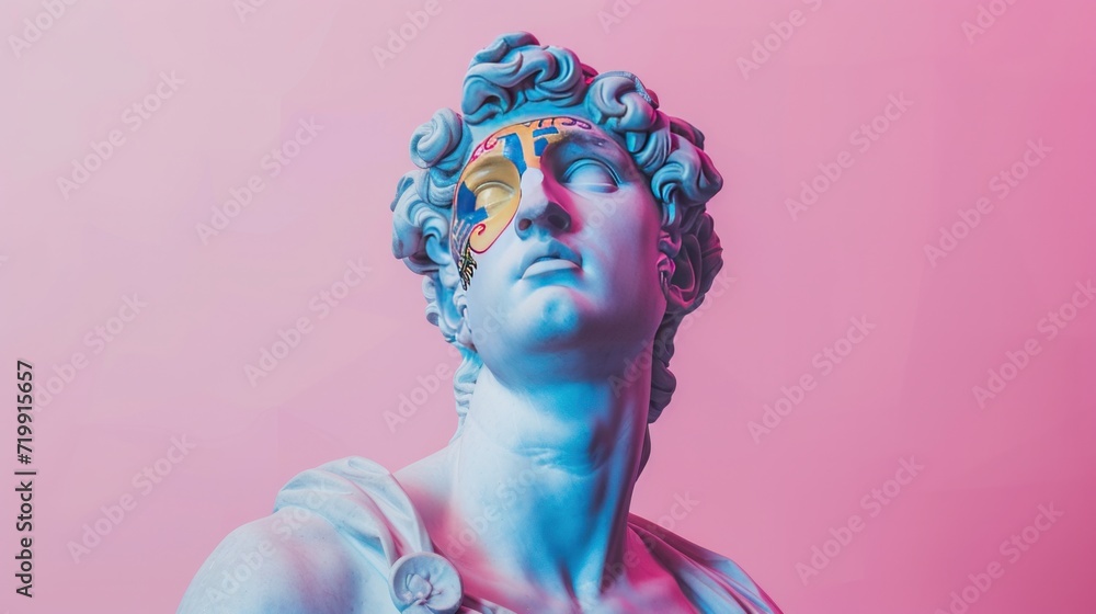 Studio photographic shoot of roman statue of a man with colorful venice carneval mask , on the pink background, vivid pastel colors, minimalism, award winning photography   
