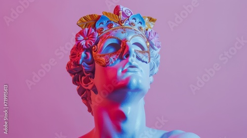 Studio photographic shoot of roman statue of a man with colorful venice carneval mask , on the pink background, vivid pastel colors, minimalism, award winning photography 