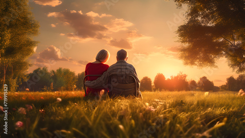 A retired couple sits affectionately across from each other. They are looking at the sky and planning their retirement life.