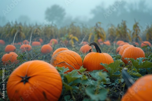 A mysterious and foggy pumpkin patch with pumpkins of various sizes
