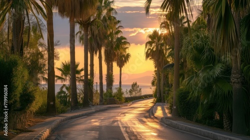winding road between palm trees, palm trees on the edge of the tree towards the sea, sunset, reflections after the rain, real photo