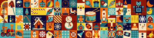 Abstract geometric Christmas background. A large set of gingerbread, Santa, snowflakes, nutcracker, toys, gifts, holiday sweet candie. Happy New Year! Mosaic style.