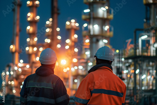 two engineers standing together, with a bokeh effect and blurred background of a refinery