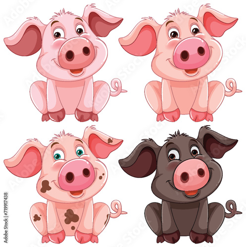 Four cheerful piglets illustrated in vibrant colors