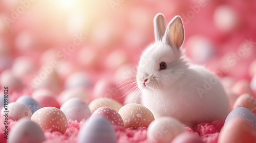 Easter Whimsy: A Snowy Bunny Amongst Pastel Eggs. AI Generative. © NILSEN Studio