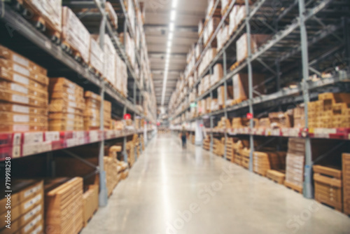 Blurred Background Commercial packaging on steel rack. Aisle in storehouse inventory. Warehouse background storage inventory shelf with freight container aisle space. Blur supply lot shelf cardboard