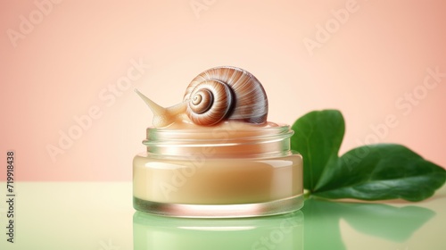 Snail mucin luxury cosmetic concept. Jar of cream skin care and snail on pastel background. Pure, organic and fresh snail slime cosmetics beauty product photo