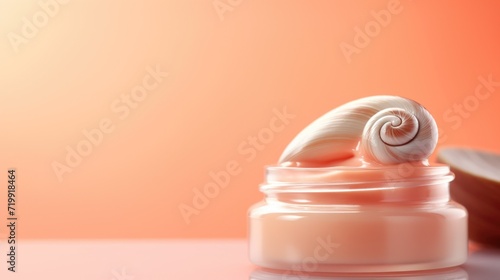 Snail mucin luxury cosmetic concept. Jar of cream skin care and snail on pastel background. Pure, organic and fresh snail slime cosmetics beauty product photo