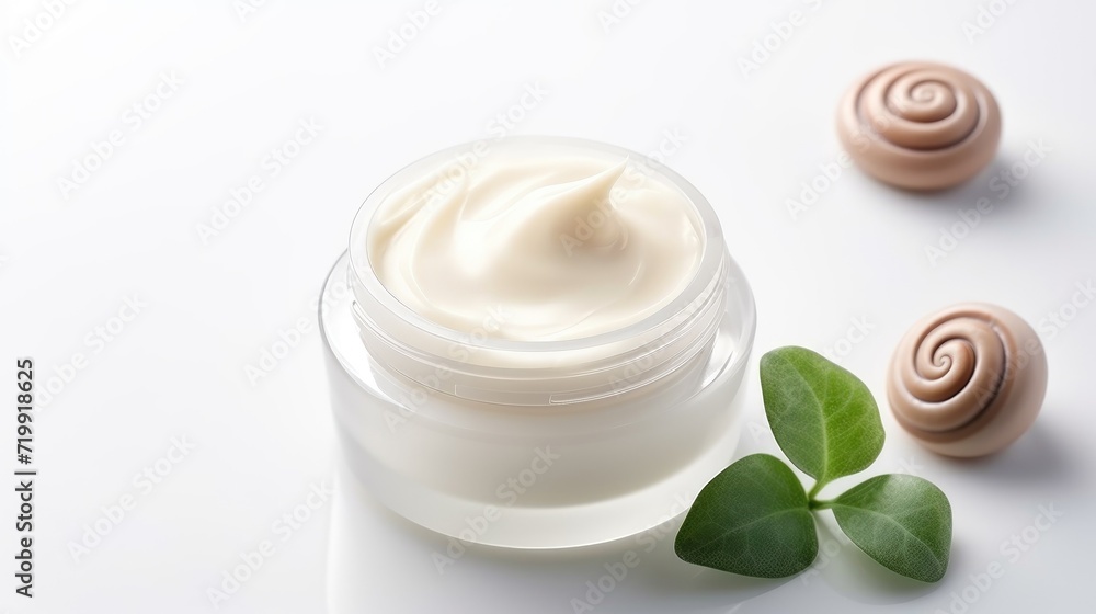 Snails and cosmetic with snail mucin cream skin care. Beauty natural anti-aging cosmetic, repair skincare product, organic cosmetics based on snail slime Snails and cosmetic with snail mucin cream skin care. Beauty natural anti-aging cosmetic, repair skincare product, organic cosmetics based on snail slime