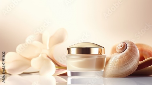 Snail mucin luxury cosmetic concept. Jar of cream skin care and snail on pastel background. Pure, organic and fresh snail slime cosmetics beauty product