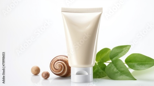 Cream skin care and snail on white background. Snail mucin luxury cosmetic concept. Pure, organic and fresh snail slime cosmetics beauty product
