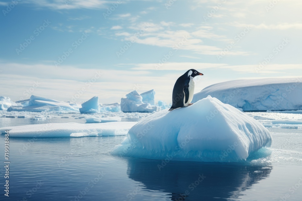 Penguin on ice floe Antarctic, penguin float on the ice floe in the Southern Ocean in Antarctica. Ai generated