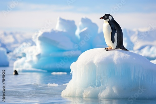 Penguin on ice floe Antarctic  penguin float on the ice floe in the Southern Ocean in Antarctica in search of food  The effects of global warming Ai generated