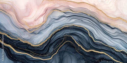 Creating a striking new abstract painting characterized by ethereal gold and pink lines, seamlessly blending with sand-like iridescence black and white illustrations, this artwork boasts flowing lines photo