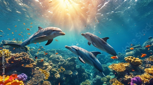 Dolphin group swimming in lively underwater light as the surface of the water glows, Generative AI.