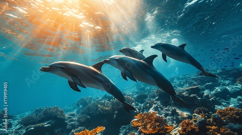 Dolphin group swimming in lively underwater light as the surface of the water glows, Generative AI. © Electric Wolf