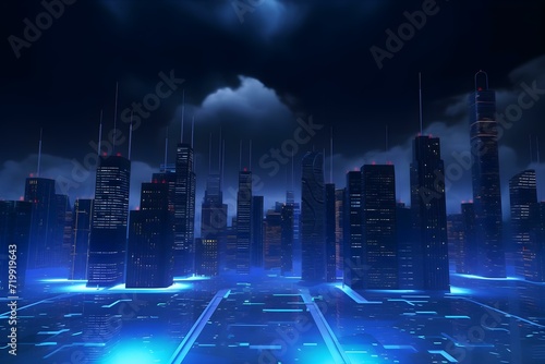 3d Render of Cyber Punk Night City Landscape Concept. Light Glowing on Dark Scene. Night Life. Technology Network for 5g. Beyond Generation and Futuristic of Capital City and Building Scene.