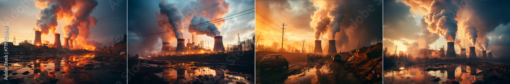 Chimneys emitting smoke against the backdrop of a beautiful sunset. An industrial power plant releases smoke into the atmosphere. Dramatic and atmospheric images of smoke rising from tall chimneys.