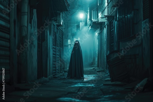 A mysterious figure in a ghost costume standing in a dimly lit alleyway illustration of a ghost