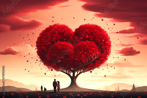 Tree of love and heart in the sky, surrounded by nature's beauty in all seasons and adorned with love-inspired elements and the couple's silhouette against the glowing sunset sky photo