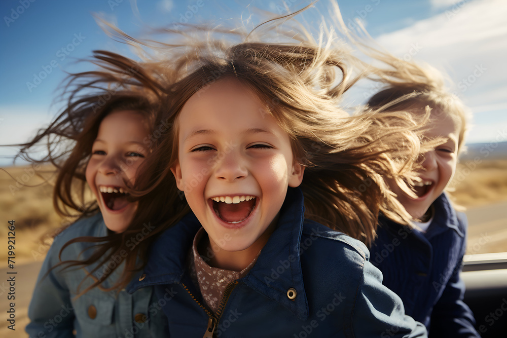 Three little girls having fun on a road trip in the countryside. Three little girls having fun on a road trip in the countryside.
