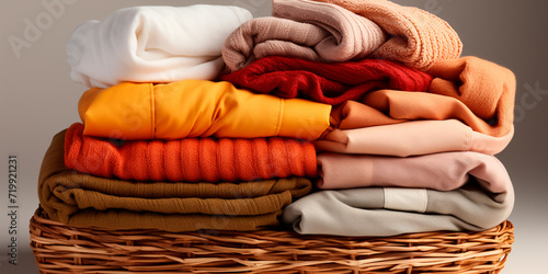 A clean and organized stack of clothes and a wicker basket of laundry. High quality image suitable for various design purposes. Transparent background for easy integration into design. © na9179126124