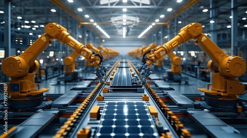 In a state-of-the-art plant, robotic arms are manufacturing solar panels, space, Generative AI.