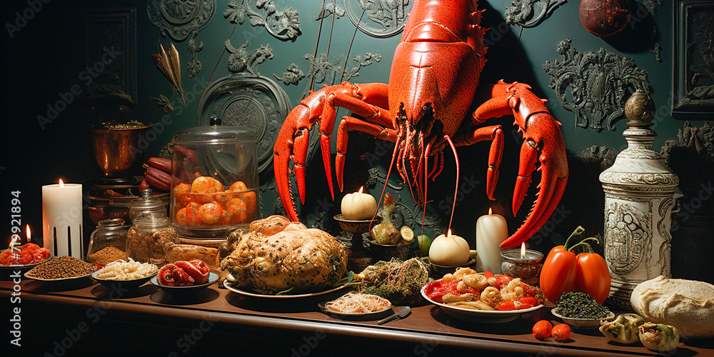 Seafood dishes in a unique and fantastic presentation. Intricate and detailed designs reminiscent of photorealistic images. Grotesque elements combined with fantastic aesthetics. - obrazy, fototapety, plakaty 