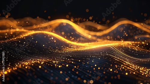 Isolated on a  black backdrop  flowing dots in a wave-like pattern with a gold gradient light  Generative AI.