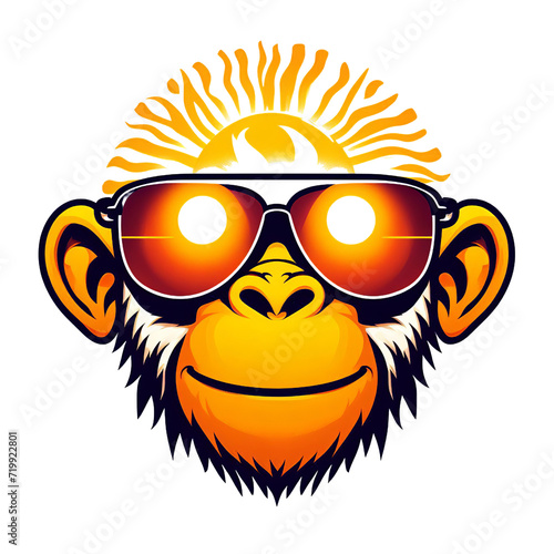 Monkey head with sunglasses and sun. Vector illustration for your design. Isolated on transparent background.  