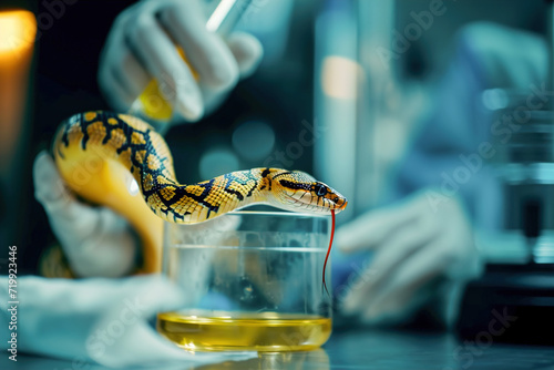Extracting venom from snakes in laboratory, for medical research, antivenom production, for pharmaceutical purposes.