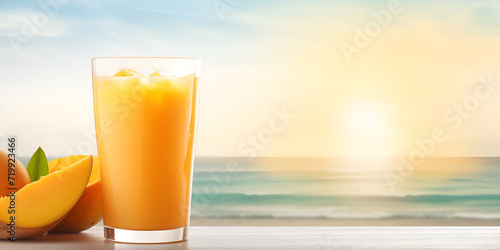 Mango Bliss: A Refreshing Journey into Tropical Smoothie Paradise on table near the beach