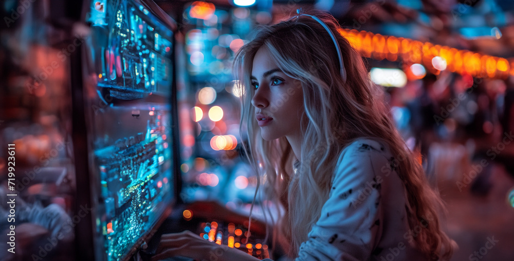 Obraz premium portrait of a woman in the night, women sitting in front of the computer