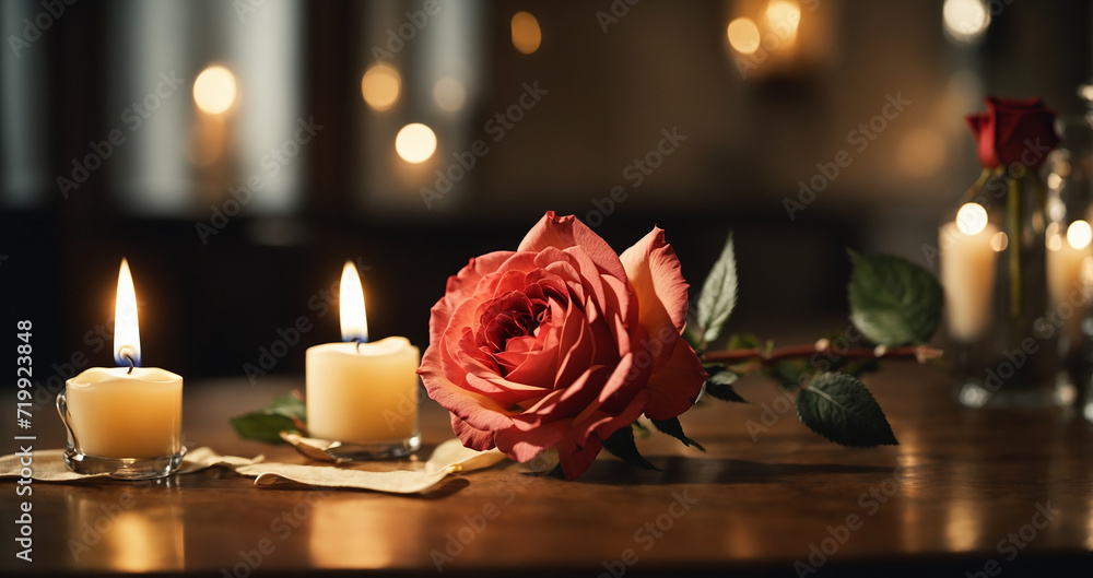 candles and rose on the table Valentine's Day romantic Background