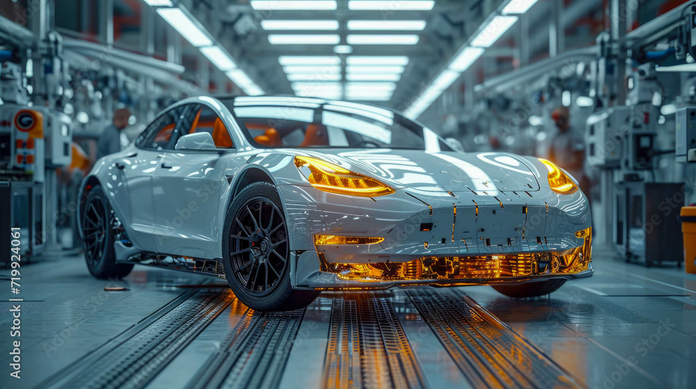 Obraz premium Concept car in a production line in the garage, car service concep