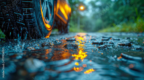 New tire in a puddle with water drops. Selective focus
