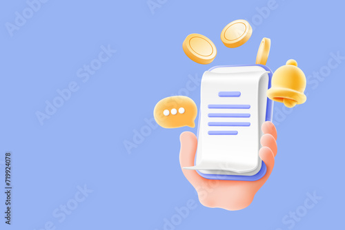 Online Receipt. Mobile banking online payments. Bill on smartphone transaction with money coin. Mobile phone financial alert with bell notification. 3d vector