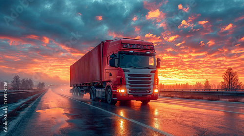 Truck with cargo on the road at sunset. Freight transportation