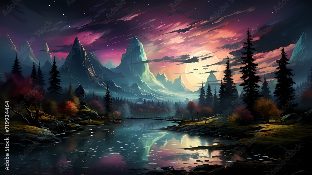 A captivating obsidian black lake reflecting the ethereal beauty of the Northern Lights, with the night sky alive with vibrant colors and dancing ribbons of light