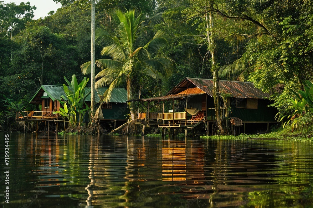Obraz premium Amazon jungle camp by the water.