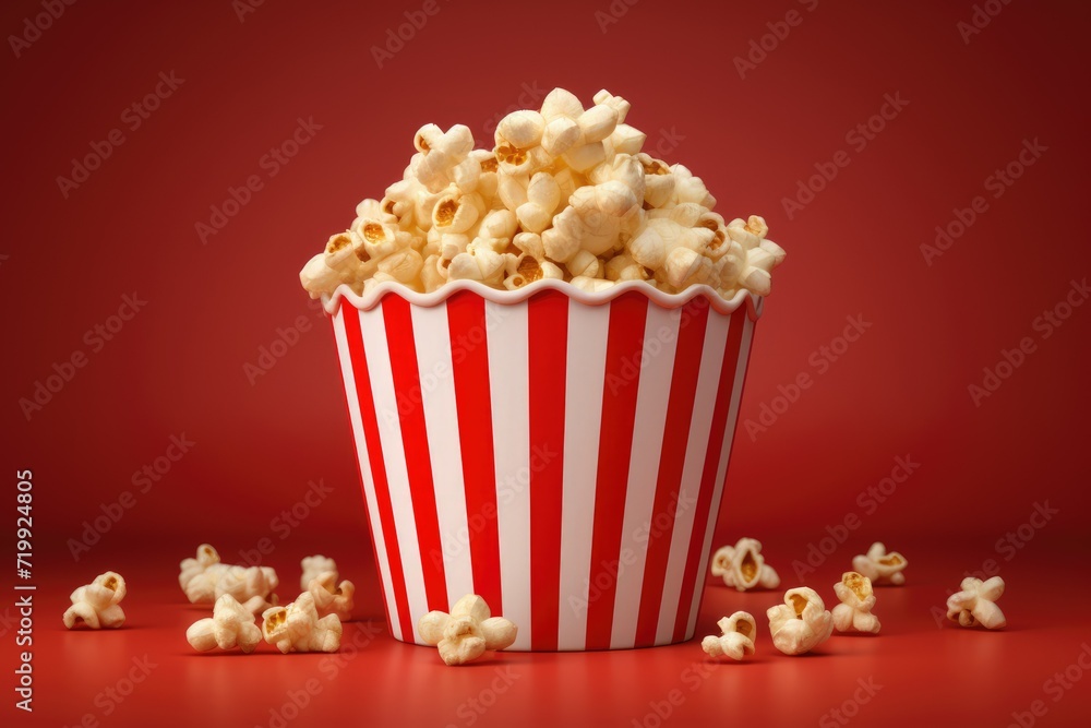 View of 3d cup of Cinema Popcorn, a bucket of popcorn on a red background . Ai generated View of 3d cup of Cinema Popcorn, a bucket of popcorn on a red background . Ai generated