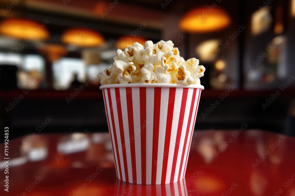 View of 3d cup of Cinema Popcorn, a bucket of popcorn on bokeh background . Ai generated