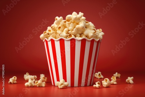 View of 3d cup of Cinema Popcorn, a bucket of popcorn on a red background . Ai generated