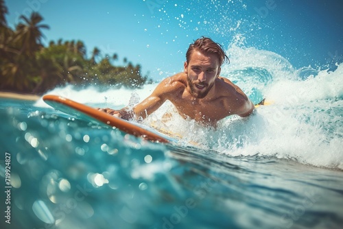 A handsome man surfing on a surfboard. © Bargais