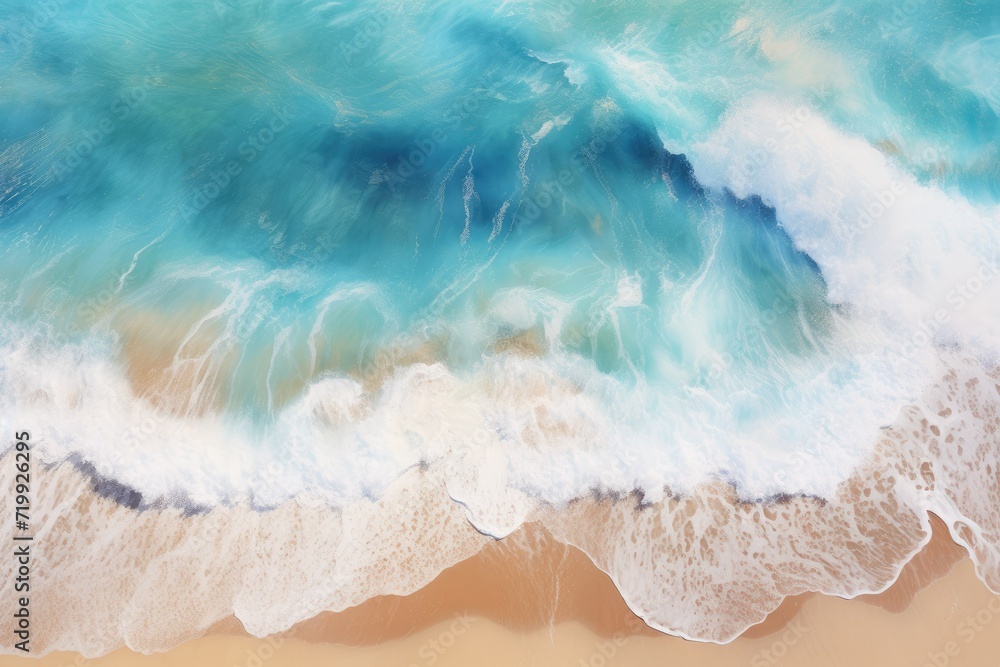 Obraz premium Aerial view of sea beach wave, Ocean waves on the beach as a wallpaper background, sea with blue water waves AI generated