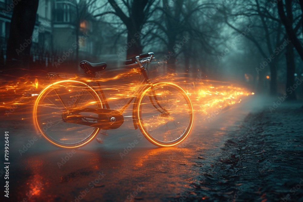A dynamic image of a bicycle and lights in the evening.