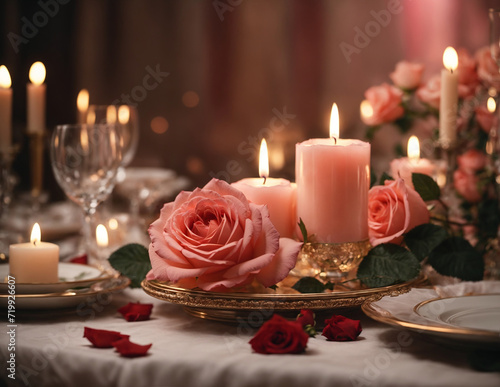 Valentine s Day romantic dinner table with candle and pink rose